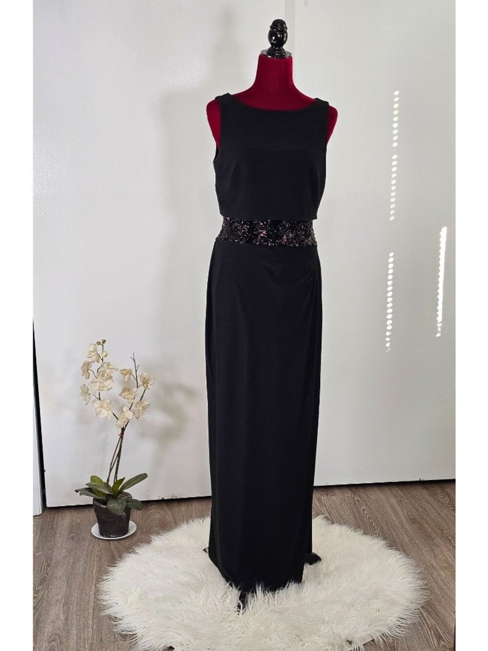 Lauren Ralph Lauren Women Evening Black Sleeveless Gown Sequins Waist Sz 8 2275